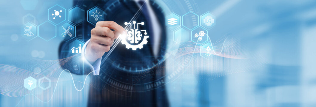 Machine Learning Engineer Hand Hold machine learning and analytics data. Predictive modeling, intelligent algorithms, data analysis, pattern recognition, automation, AI technology.
