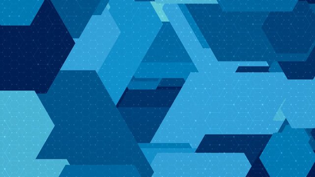 Slow motion blue geometric background, hexagonal shapes and grid, futuristic tech vibe, loopable animation