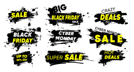 Fototapeta premium Black Friday and Cyber Monday sale element set with grunge ink brush strokes and bold typography
