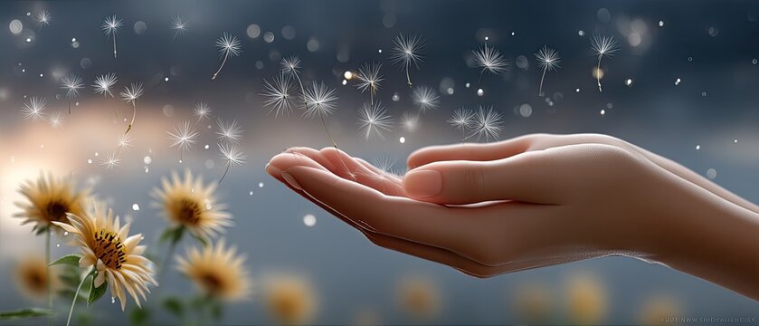Hand extended towards bright flowers in a magical valley surrounded by rocks and shimmering light, creating a peaceful atmosphere