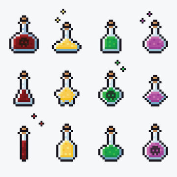 Pixel Art Potion Bottles and Magical Laboratory Chemistry Icons Collection