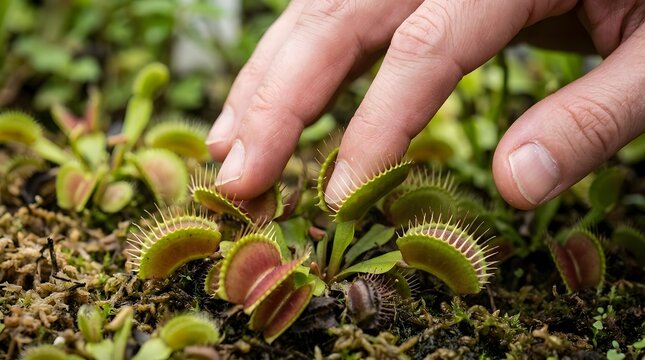 Close up of hand touching venus flytrap leaves