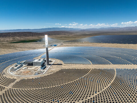 Panoramic view of a tower solar thermal power plant in the desert