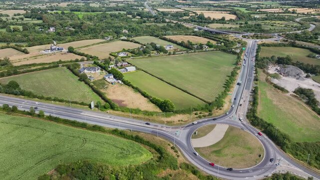 Amazing aerials Ireland end of the M9 Motorway from Dublin with road Systems leading to Waterford City