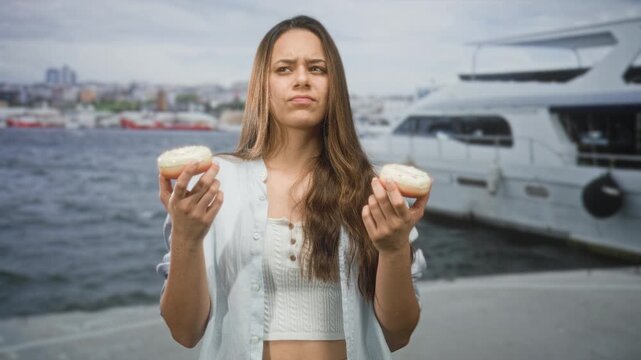 Woman holding two donuts with outstretched hands at marina dock, skeptical expression; hesitation doubt.