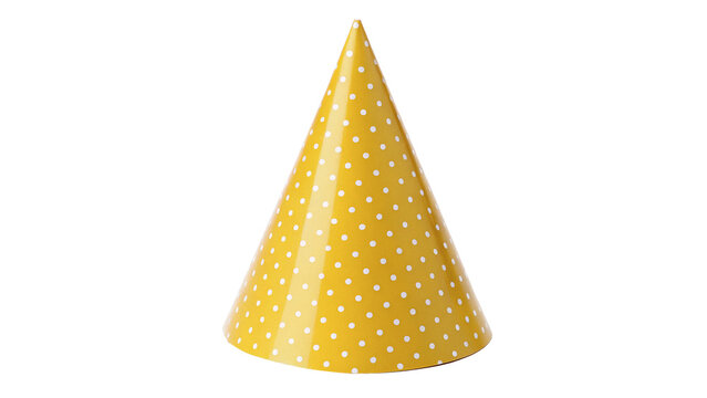 Bright yellow polka dot festive party cone hat isolated on transparent background.