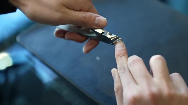 Quality control test showing a nail clipper cutting a fingernail up close