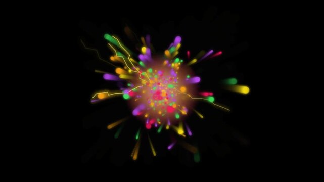 Colorful particle explosion with yellow lightning sparks on a dark black background animation
