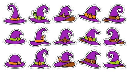 Obraz premium Set of various purple witch hats with different styles and decorations for halloween design elements