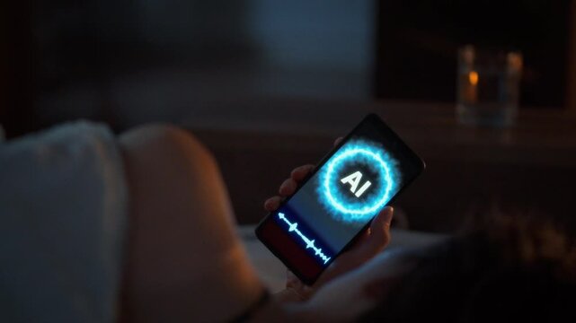 A dark bedroom at night. A young woman in a nightgown lies under a blanket communicating with an AI voice assistant on her smartphone. Concept of technology replacing human communication