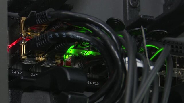 Network switch cables connected to active ethernet ports with status indicator