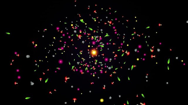 Glowing mushroom and green leaf particles floating outward from a bright central light source