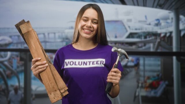 Woman in purple volunteer shirt holds hammer and wooden planks smiling in an airport terminal; helpfulness community service.