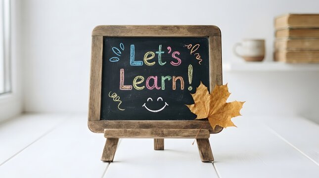 A small wooden chalkboard with the text lets learn written in colorful chalk and a single autumn leaf isolated on white background