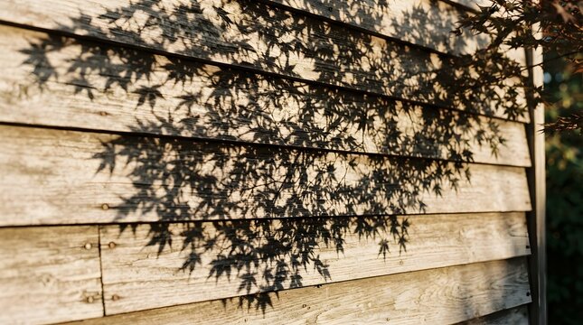 Shadow of maple leaves cast on rustic wooden wall