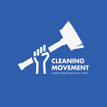 Hand holding broom logo design. Fist hand punch hold broom simple flat icon, Environment cleaning movement symbol