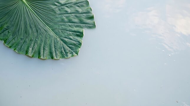 Large green tropical leaf floating on calm rippled water surface with natural light