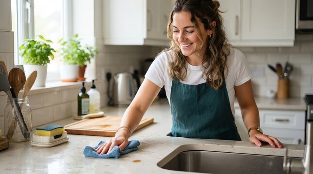 A smiling young woman in apron wiping and cleaning granite kitchen countertops with blue cloth rag