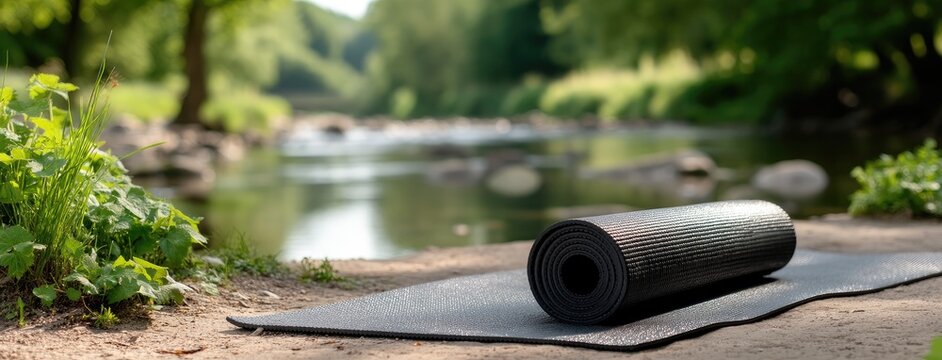 A yoga mat rests on a natural surface beside a clear stream, framed by vibrant plants and flowers, perfect for a serene outdoor practice