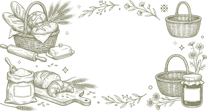 Hand drawn baking and breakfast bakery frame background with bread baskets and flour sack