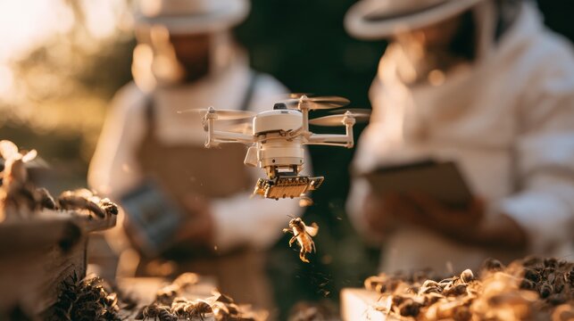 Small drone hovers above hive entrance, scanning bee activity while a beekeeper monitors the information on a tablet in the background.