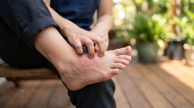 Close-up View of a Person Scrathing an Irritate Skin Rash or Insect Bite on The Top of Their Foot