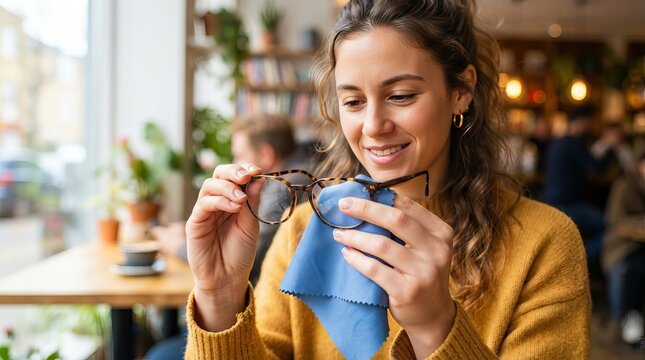 Young woman cleaning her tortoise shell eyeglasses with a blue microfiber cloth in a cafe setting.