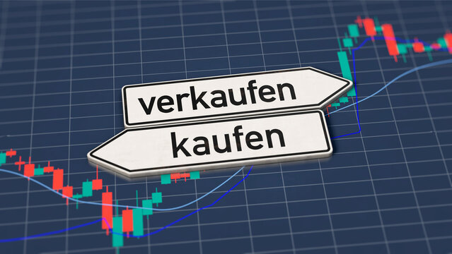 B&ouml;rsen-Chart mit gegenl&auml;ufigen Schildern &bdquo;kaufen&ldquo; und &bdquo;verkaufen&ldquo;