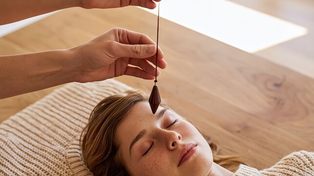 Woman receiving crystal pendulum meditation treatment for relaxation therapy sleep