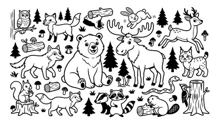 Obraz premium Forest animal illustrations depict a whimsical woodland scene in black and white