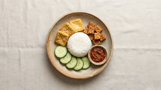 Nasi uduk indonesian rice dish with tempeh and fresh cucumber slices on a wooden plate. Basic Indonesian Dish