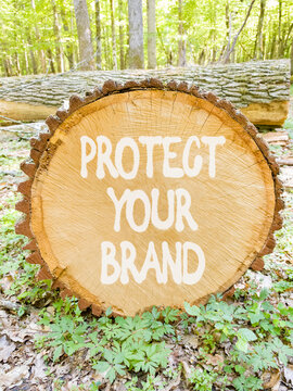 Protect your brand words symbol. Concept words Protect your brand on beautiful wooden circle. Beautiful green forest background. Business and protect your brand concept. Copy space.