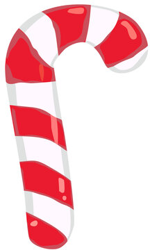Red and white striped candy cane with glossy highlights, curved hook, sweet peppermint confection, festive Christmas treat illustration isolated on transparent background PNG.