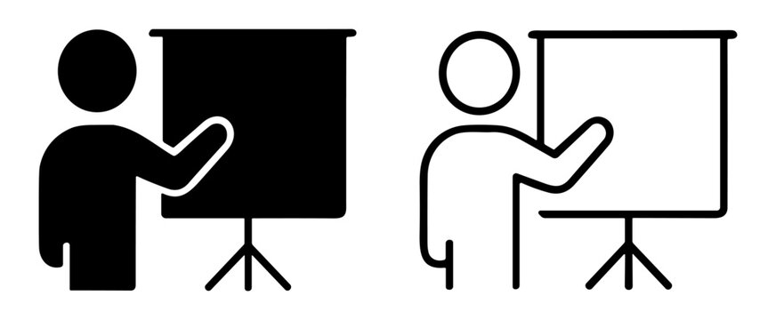 Presentation icon set with person and projection screen in filled and outline styles