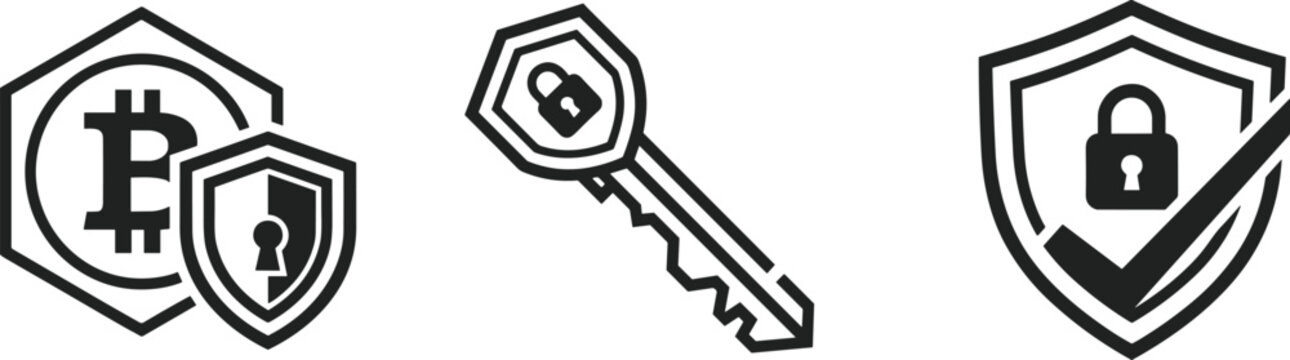 Set of security icons featuring a bitcoin shield, a key with a padlock, and a shield with a checkmark and padlock