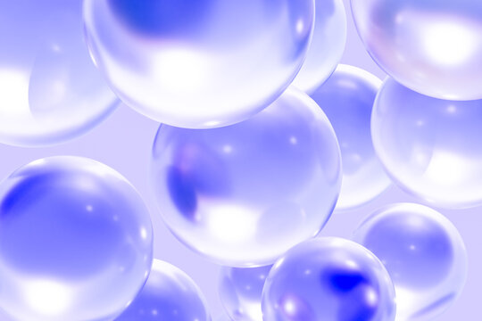 Transparent purple abstract spheres floating on lavender background