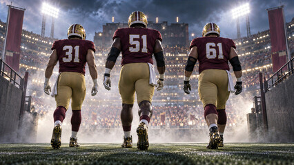 Obraz premium Three football players walking onto stadium field from tunnel