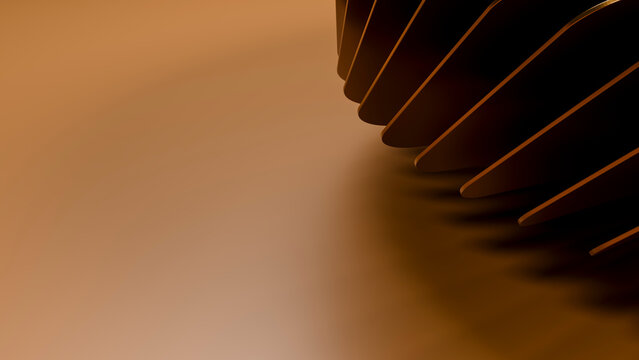 Close-up view of metal gear teeth casting shadows on brown surface