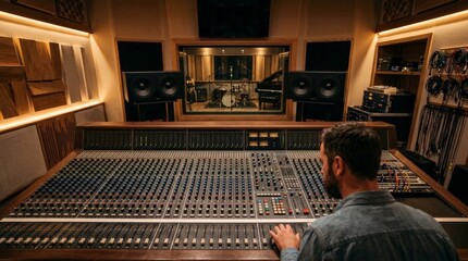 Plakat An audio engineer mixing tracks on a large mixing console in a professional recording studio during a music production session with warm lighting and wooden acoustic panels