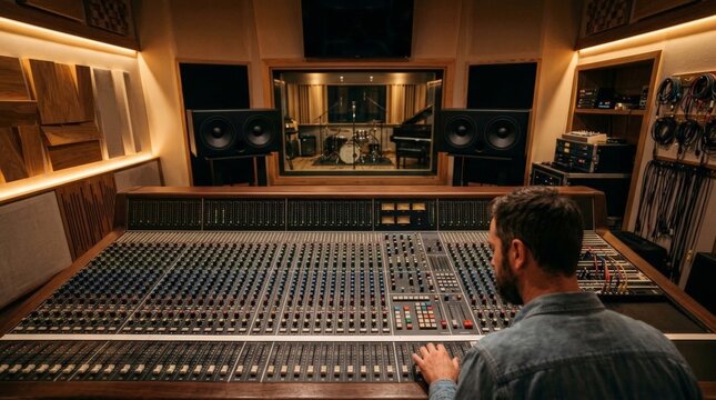 An audio engineer mixing tracks on a large mixing console in a professional recording studio during a music production session with warm lighting and wooden acoustic panels