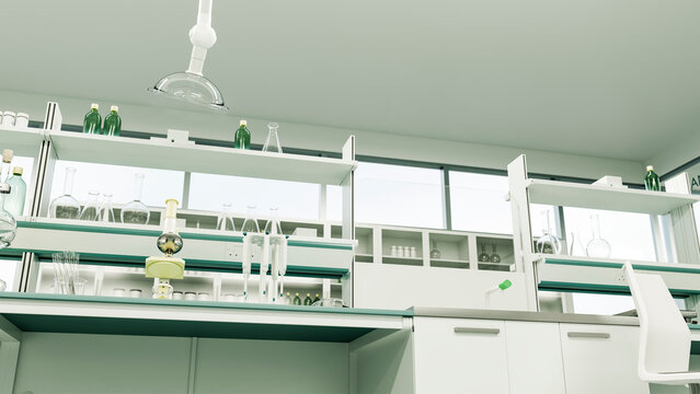 Laboratory workbench with glassware and pipettes
