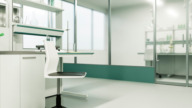 Laboratory chair and glassware on bench in modern research lab