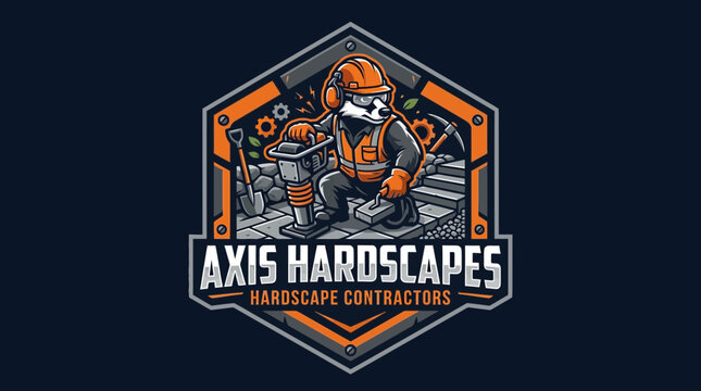 Animal hardscape contractor with jackhammer and shovel, construction logo