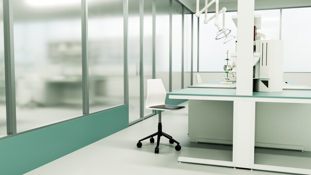 Laboratory workspace with chair and scientific equipment on a clean