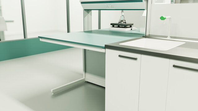 Laboratory bench with flask on shaker and sink in research setting