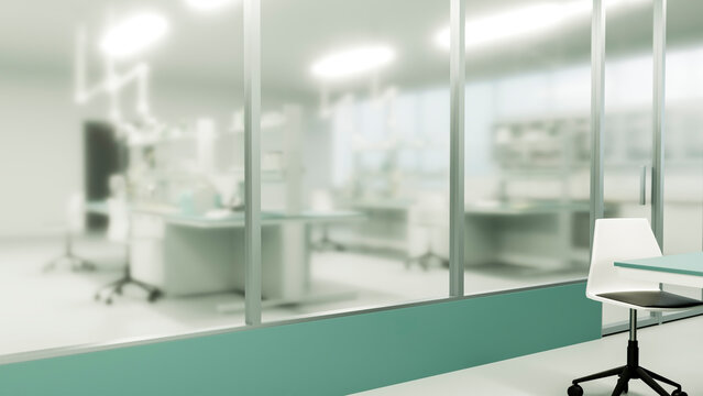 Interior view of a modern laboratory with glass wall and white chair