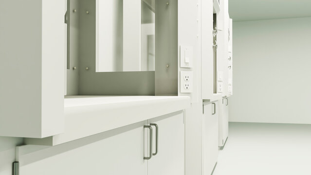 Empty white locker room hallway with mirrors and cabinets