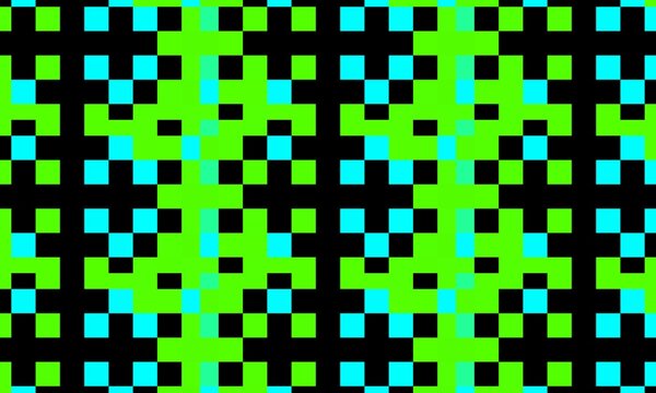 A vibrant repeating pixel block pattern arranged in vertical geometric columns with neon green, cyan, and black tones.