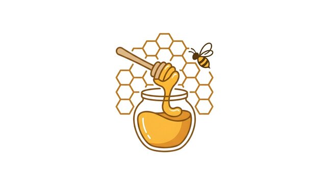 Vector illustration of a glass jar filled with sweet golden honey, a wooden honey dipper dripping with nectar, a flying bee, and a honeycomb pattern in the background, isolated on a white background