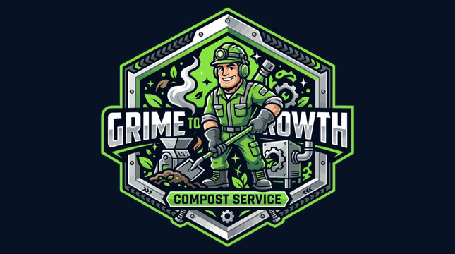 Compost service logo: worker with shovel transforming grime to growth